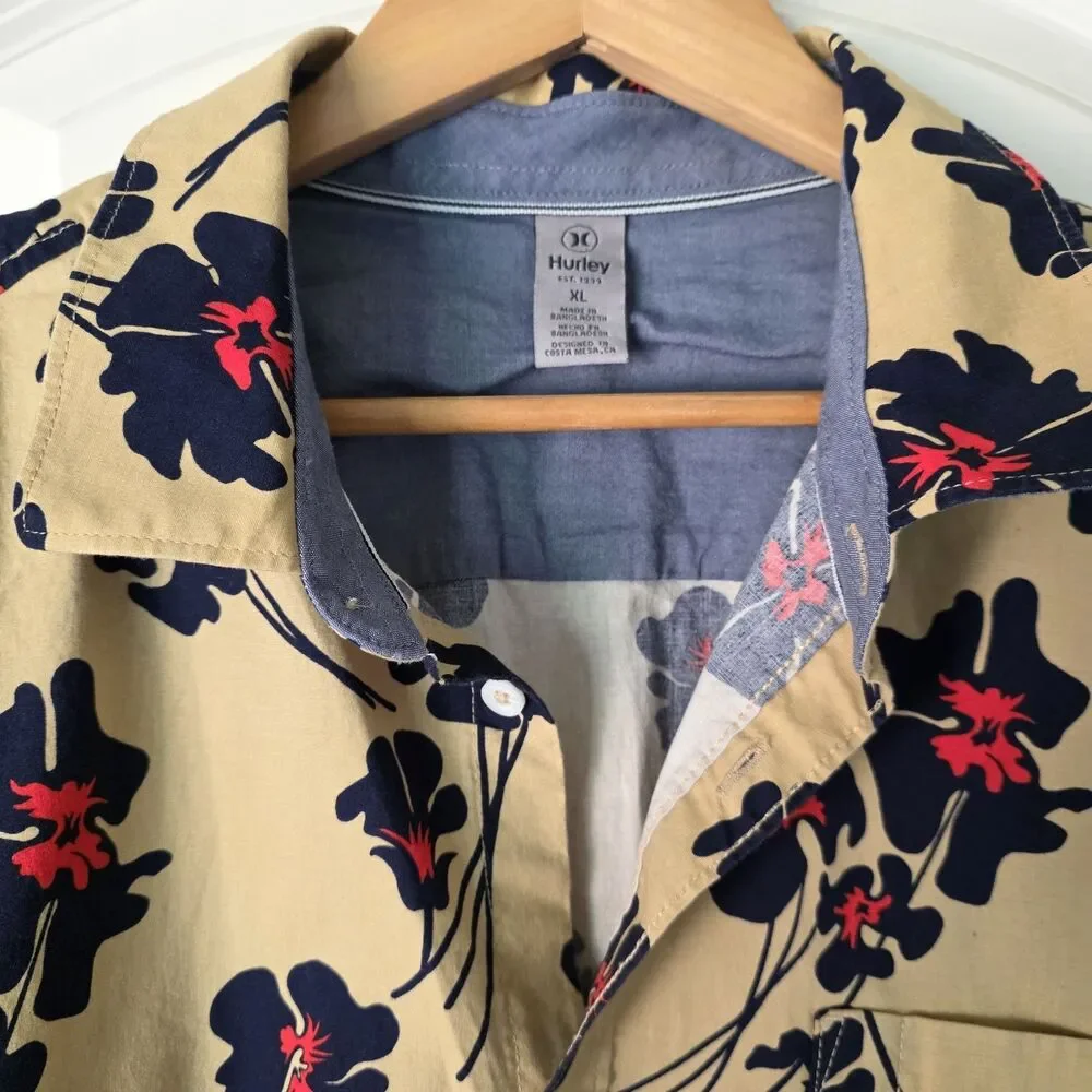 Hurley Hawaiian Floral vacation Cotton pocket Button-Up Shirt Short Sleeve XL - Picture 6 of 12